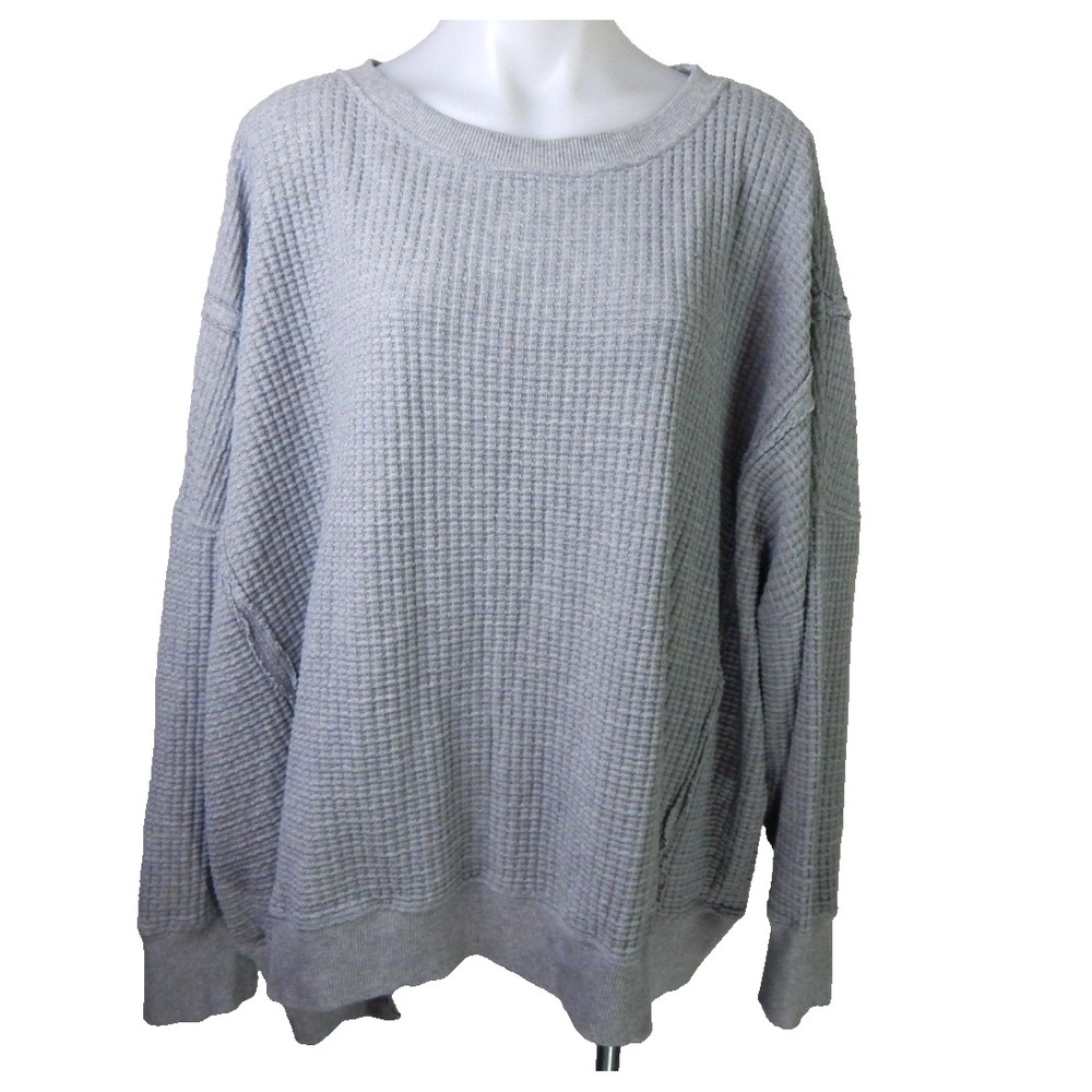 American Eagle Women's XXL Sweatshirt Big Hug Waffle Knit Crewneck Gray Pullover
